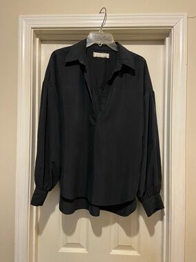 We The Free Black V-Neck Button-Cuff Blouse